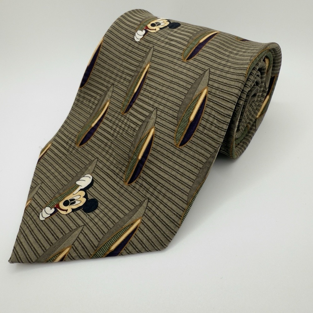Walt Disney World Neck Tie Brown Mickey Mouse All Over Print Silk Cartoon